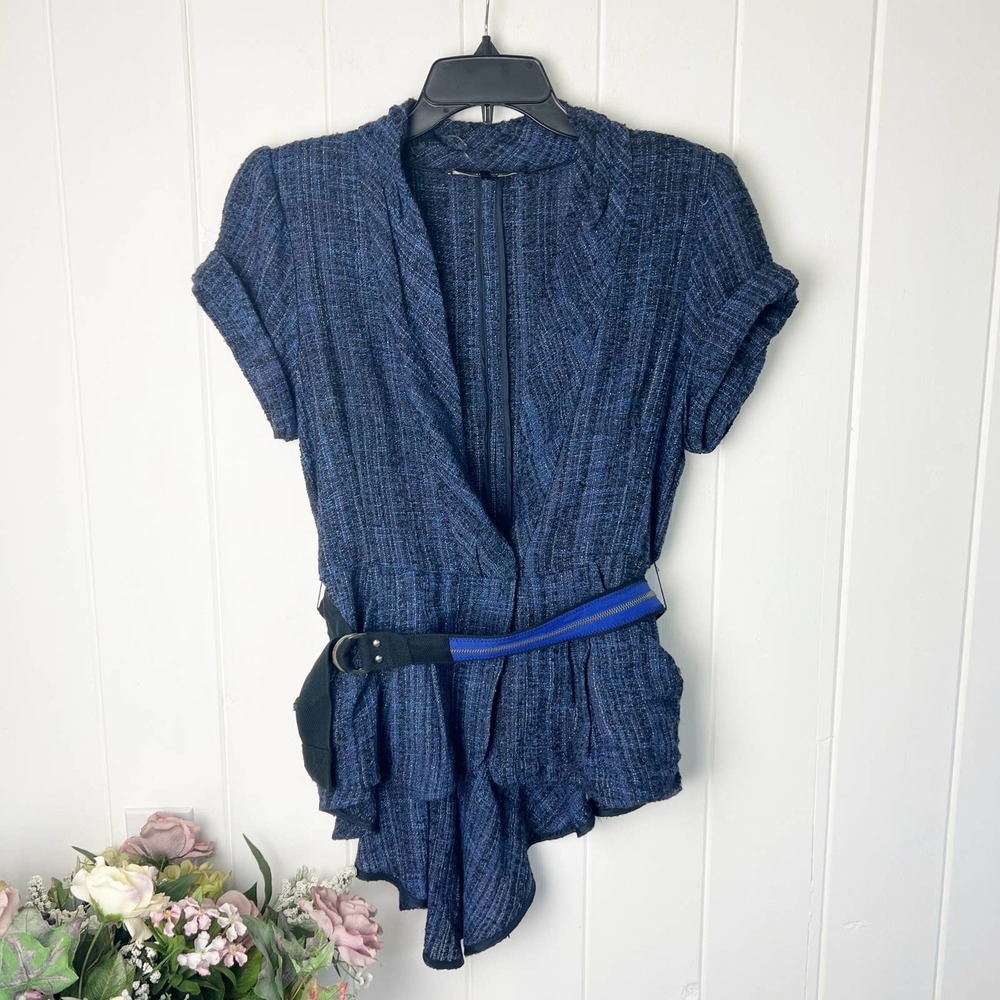 Nanette Lepore Blue Tweed Belted Asymmetrical Blazer size 10 - Picture 2 of 9